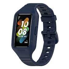 Силиконова каишка с кейс за Huawei watch BAND 6/7 тъмно синя